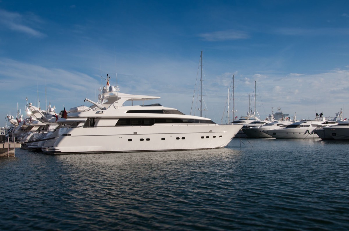Motor yachts moored along a marina berth